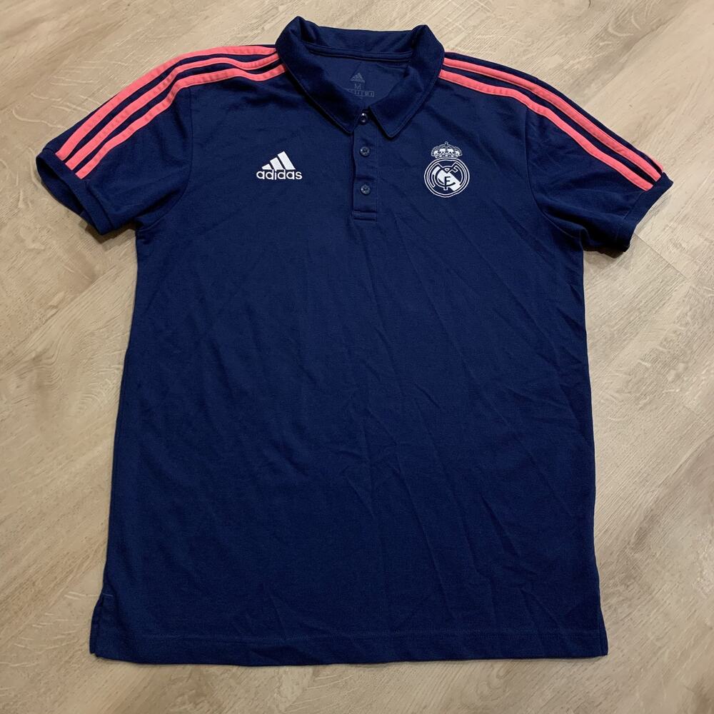 Adidas Real Madrid Polo Shirt 3S 3 Stripes Men's Medium Navy Blue Pink 2020/2021